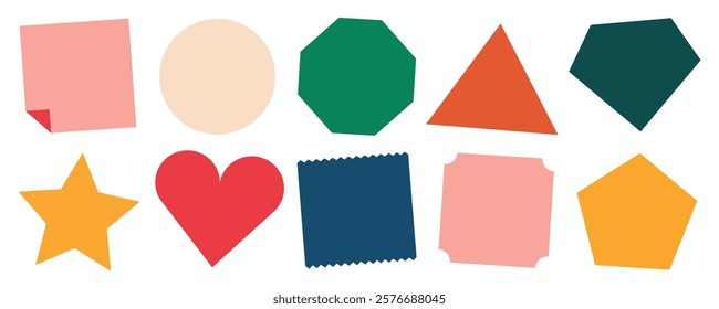 Colorful geometric shapes including circle, triangle, star, heart, and more. Bright shapes in various colors and forms. Fun shapes for design projects. Memo element vector set.