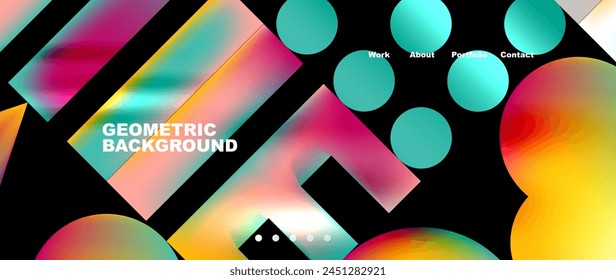 Colorful geometric shapes including circles and squares in vibrant shades of red, magenta, and electric blue on a black background, creating a dynamic and eyecatching pattern