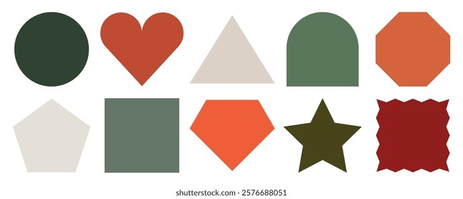 Colorful geometric shapes including circles, triangles, and stars. Shapes in green, red, and beige. Variety of geometric shapes for design use. Memo element vector set.