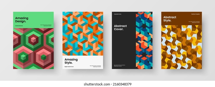 Colorful geometric shapes journal cover template composition. Vivid presentation A4 design vector layout collection.