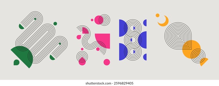 Colorful geometric shapes, lines and patterns set - abstract creative designs with minimalist curved elements, arches, stripes, circles. Playful mid century style composition. Decorative trendy vector
