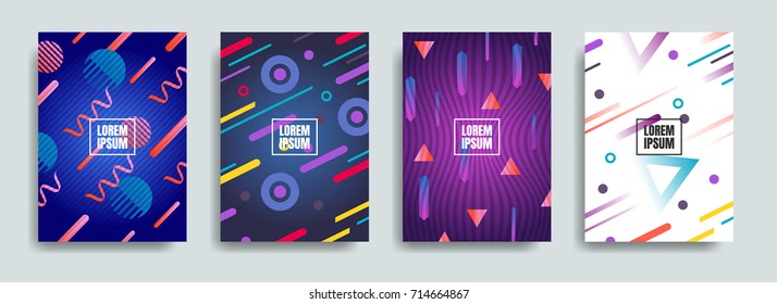 Colorful geometric shapes in motion. Chaotic geometry backgrounds set. Applicable for covers, placards, posters, flyers and banner designs.