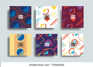 Colorful geometric shapes in motion. Chaotic geometry backgrounds set. Applicable for covers, placards, posters, flyers and banner designs. Covers with minimal design