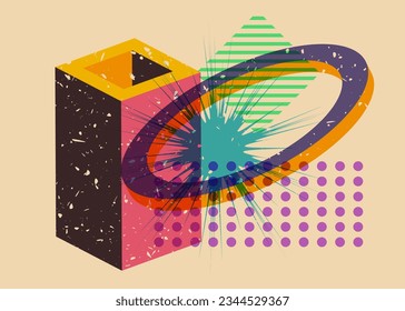 Colorful geometric shapes. Object in trendy riso graph design. Geometry elements abstract risograph print texture style.