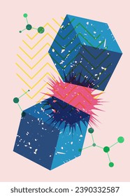 Colorful geometric shapes. Object in trendy riso graph design. Geometry elements abstract risograph print texture style.