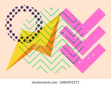 Colorful geometric shapes. Object in trendy riso graph design. Geometry elements abstract risograph print texture style.