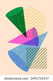 Colorful geometric shapes. Object in trendy riso graph design. Geometry elements abstract risograph print texture style.