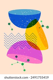 Colorful geometric shapes. Object in trendy riso graph design. Geometry elements abstract risograph print texture style.