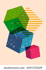 Colorful geometric shapes. Object in trendy riso graph design. Geometry elements abstract risograph print texture style.