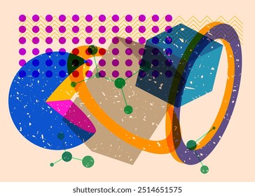 Formas geométricas coloridas. Objeto no design gráfico moderno do riso. Estilo de textura de impressão de risografia abstrata de elementos de geometria.