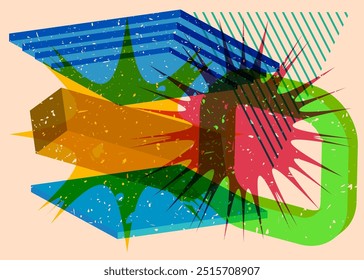 Formas geométricas coloridas. Objeto no design gráfico moderno do riso. Estilo de textura de impressão de risografia abstrata de elementos de geometria.