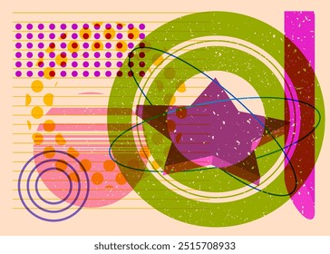 Formas geométricas coloridas. Objeto no design gráfico moderno do riso. Estilo de textura de impressão de risografia abstrata de elementos de geometria.