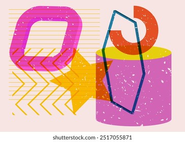 Colorful geometric shapes. Object in trendy riso graph design. Geometry elements abstract risograph print texture style.