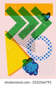 Colorful geometric shapes. Object in trendy riso graph design. Geometry elements abstract risograph print texture style.