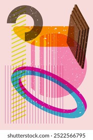 Colorful geometric shapes. Object in trendy riso graph design. Geometry elements abstract risograph print texture style.