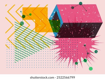 Formas geométricas coloridas. Objeto no design gráfico moderno do riso. Estilo de textura de impressão de risografia abstrata de elementos de geometria.