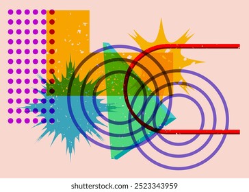 Formas geométricas coloridas. Objeto no design gráfico moderno do riso. Estilo de textura de impressão de risografia abstrata de elementos de geometria.