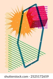 Colorful geometric shapes. Object in trendy riso graph design. Geometry elements abstract risograph print texture style.