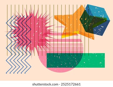 Colorful geometric shapes. Object in trendy riso graph design. Geometry elements abstract risograph print texture style.