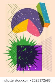 Colorful geometric shapes. Object in trendy riso graph design. Geometry elements abstract risograph print texture style.