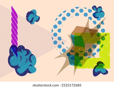 Colorful geometric shapes. Object in trendy riso graph design. Geometry elements abstract risograph print texture style.