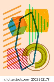 Colorful geometric shapes. Object in trendy riso graph design. Geometry elements abstract risograph print texture style.