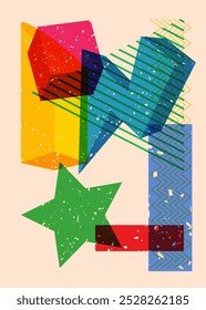 Colorful geometric shapes. Object in trendy riso graph design. Geometry elements abstract risograph print texture style.