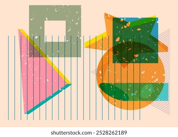 Colorful geometric shapes. Object in trendy riso graph design. Geometry elements abstract risograph print texture style.