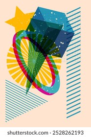 Colorful geometric shapes. Object in trendy riso graph design. Geometry elements abstract risograph print texture style.