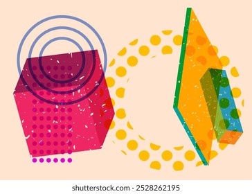 Colorful geometric shapes. Object in trendy riso graph design. Geometry elements abstract risograph print texture style.