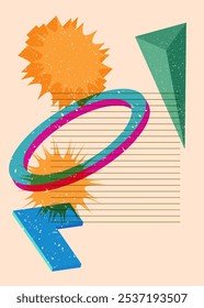 Colorful geometric shapes. Object in trendy riso graph design. Geometry elements abstract risograph print texture style.