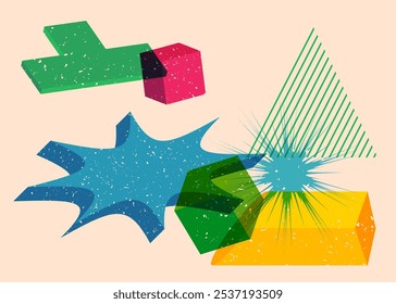 Colorful geometric shapes. Object in trendy riso graph design. Geometry elements abstract risograph print texture style.