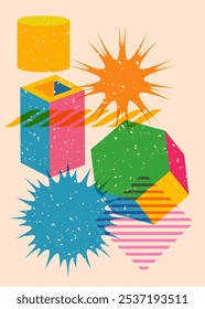 Colorful geometric shapes. Object in trendy riso graph design. Geometry elements abstract risograph print texture style.