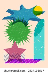 Colorful geometric shapes. Object in trendy riso graph design. Geometry elements abstract risograph print texture style.