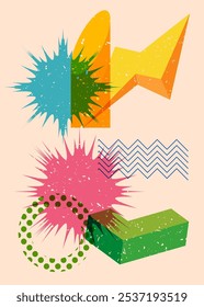 Colorful geometric shapes. Object in trendy riso graph design. Geometry elements abstract risograph print texture style.