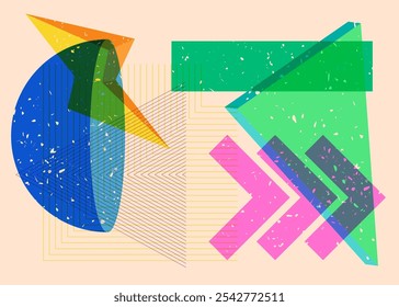 Colorful geometric shapes. Object in trendy riso graph design. Geometry elements abstract risograph print texture style.