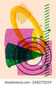 Colorful geometric shapes. Object in trendy riso graph design. Geometry elements abstract risograph print texture style.