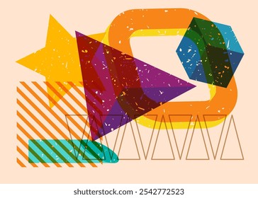 Colorful geometric shapes. Object in trendy riso graph design. Geometry elements abstract risograph print texture style.