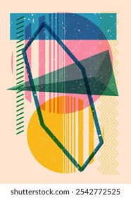 Colorful geometric shapes. Object in trendy riso graph design. Geometry elements abstract risograph print texture style.