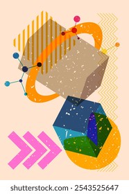 Colorful geometric shapes. Object in trendy riso graph design. Geometry elements abstract risograph print texture style.