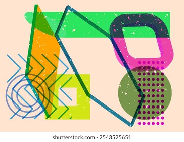 Colorful geometric shapes. Object in trendy riso graph design. Geometry elements abstract risograph print texture style.