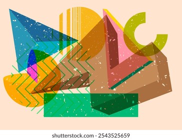 Colorful geometric shapes. Object in trendy riso graph design. Geometry elements abstract risograph print texture style.