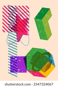 Colorful geometric shapes. Object in trendy riso graph design. Geometry elements abstract risograph print texture style.