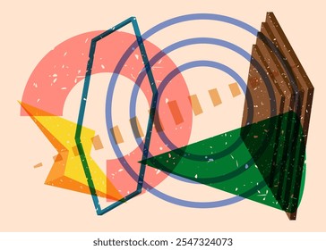 Colorful geometric shapes. Object in trendy riso graph design. Geometry elements abstract risograph print texture style.