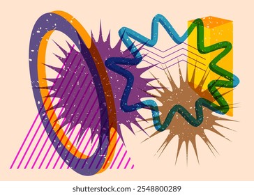 Formas geométricas coloridas. Objeto no design gráfico moderno do riso. Estilo de textura de impressão de risografia abstrata de elementos de geometria.