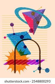 Colorful geometric shapes. Object in trendy riso graph design. Geometry elements abstract risograph print texture style.