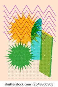 Colorful geometric shapes. Object in trendy riso graph design. Geometry elements abstract risograph print texture style.