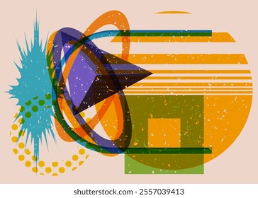 Colorful geometric shapes. Object in trendy riso graph design. Geometry elements abstract risograph print texture style.