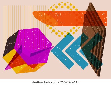 Colorful geometric shapes. Object in trendy riso graph design. Geometry elements abstract risograph print texture style.