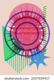 Colorful geometric shapes. Object in trendy riso graph design. Geometry elements abstract risograph print texture style.